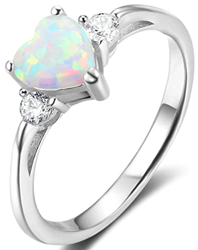 AMDXD 925 Sterling Silber Ringe, Hochzeitsring Herz mit Weiß Opal Freundschaft Geschenk, Nickelfrei, Echter Silberschmuck, Silber, Gr.54 (17.2) von AMDXD