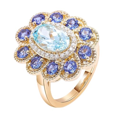 AMDXD Echt Gold Schmuck Ringe Gelbgold 18K, Blumen Eheringe mit Aquamarin 3ct Hellblau Oval Form, Labor Erstellt Saphir Freundschaftsringe Au 750 Pärchen Ringe Damen von AMDXD