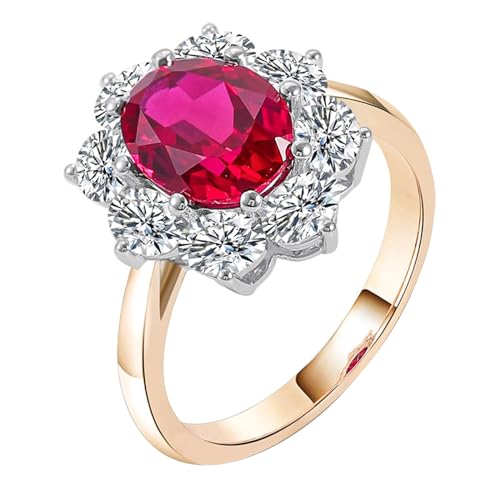 AMDXD Echtgold Schmuck Ringe 9 Karat Gold 375, Blumen Verlobungsring mit Labor Erstellt Rubin Rot Oval Form, Moissanit Pärchen Ringe 9K Gold Partnerringe Damen von AMDXD