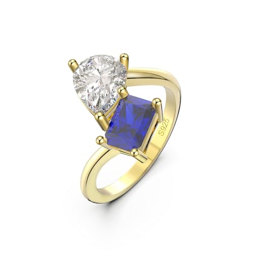 AMDXD Partnerringe S925 Sterlingsilber, Rechteck Blau Zirkonia Klassiker Hochzeitsringe 925, Freundschaftsringe Trauringe Sterlingsilber für Damen, Gold Blau, Gr.54 (17.2) von AMDXD