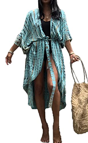 AMEOOR Damen Beach Cover up Swimsuit Bohemian Kimono Loose Casual Wear Morgenmantel Lange Bluse Bikini Umhang B-Hellblau AMEOOR Damen Beach Cover up Swimsuit Bohemian Kimono Loose Casual Wear Morgenmantel Lange Bluse Bikini Umhang B-Hellblau von AMEOOR