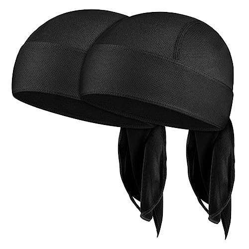 AMFUN Sports Bandana Cap, 2 Stück Sommer Sport Kopftuch Atmungsaktiv, Einstellbar Fahrrad Kopfbedeckung Quick-Dry Pirat kopftuch, Outdoor UV Schutz Mütze für Herrem Damen (Schwarz) von AMFUN