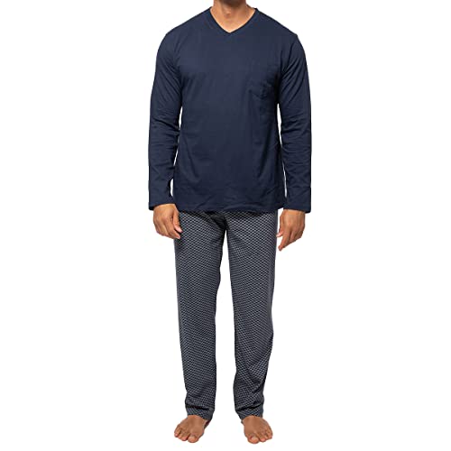 AMMANN Herren Schlafanzug Lang Organic Cotton, Pyjama Herren Lang aus GOTS Zertifizierter Bio-Baumwolle, V-Ausschnitt, Bindeband am Hosenbund, Zeitloses Design in L Blau Gemustert von AMMANN