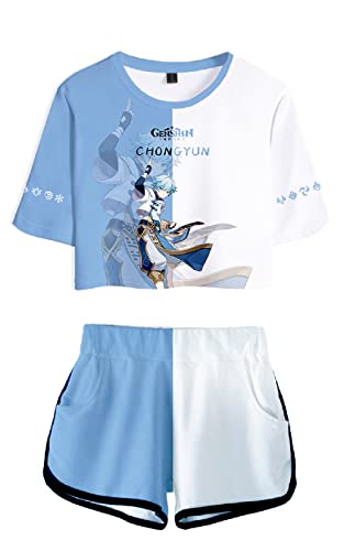 AMOMA Damen Mädchen Cosplay Spiel Genshin Impact Crop Top T-Shirt und Shorts Trainingsanzug Zweiteilige Sets Streetwear(L,Chongyun-Lightblue) von AMOMA