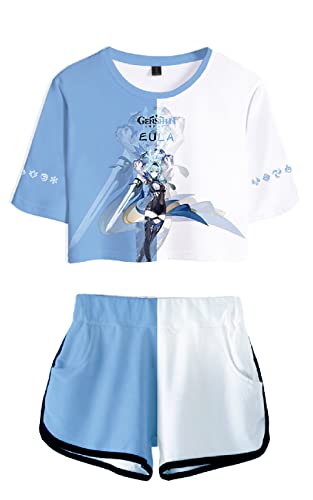 AMOMA Damen Mädchen Cosplay Spiel Genshin Impact Crop Top T-Shirt und Shorts Trainingsanzug Zweiteilige Sets Streetwear(M,EULA-Lightblue) von AMOMA