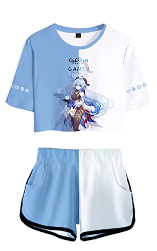 AMOMA Damen Mädchen Cosplay Spiel Genshin Impact Crop Top T-Shirt und Shorts Trainingsanzug Zweiteilige Sets Streetwear(M,Ganyu-Lightblue) von AMOMA