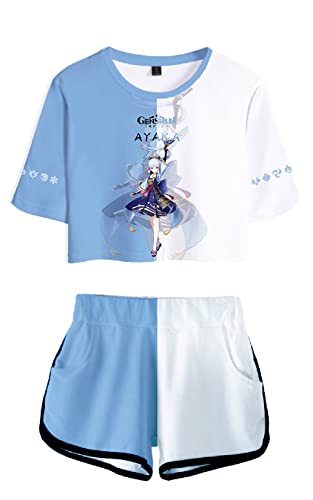 AMOMA Damen Mädchen Cosplay Spiel Genshin Impact Crop Top T-Shirt und Shorts Trainingsanzug Zweiteilige Sets Streetwear(S,Ayaka-Lightblue) von AMOMA