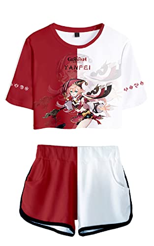 AMOMA Damen Mädchen Cosplay Spiel Genshin Impact Crop Top T-Shirt und Shorts Trainingsanzug Zweiteilige Sets Streetwear(XXL,Yanfei-Red) von AMOMA