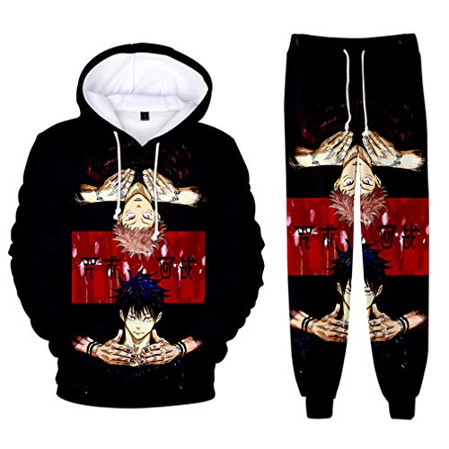 AMOMA Unisex Cosplay Anime Jujutsu Kaisen Kapuzenpullover Hosen Sets 2 Stück Pullover Jogginghose Anzug(S,Two Black) von AMOMA