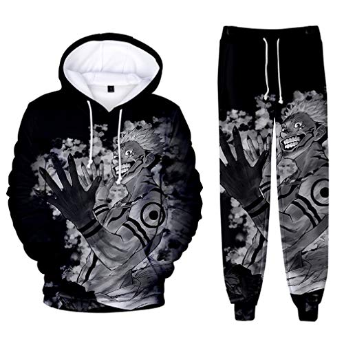 AMOMA Unisex Cosplay Anime Jujutsu Kaisen Kapuzenpullover Hosen Sets 2 Stück Pullover Jogginghose Anzug(XL,Grey Black) von AMOMA