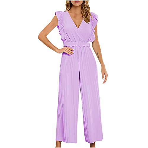 AMhomely Chiffon-Jumpsuit für Damen, eleganter Spielanzug, Party, Sommer, Strampler, Hose, gerüscht, V-Ausschnitt, Overallhose, ärmellos, weites Bein, volle Länge, Playsuits, Urlaub, Urlaub, 01 lila, von AMhomely