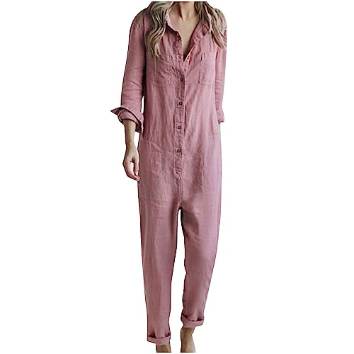 AMhomely Langarm-Jumpsuits für Damen, Baumwolle, Leinen, Latzhose, V-Ausschnitt, Sommer-Overall, Hose, Revers, Büro, lässig, Strampler, Hose, einfarbig, elegant, Harems-Spielanzüge, Knopf, von AMhomely