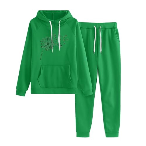 AMhomely St. Patricks Day Outfits 2-teiliger Sweatanzug für Damen, Kleeblatt-Druck, Hoodies, Hose, Anzüge mit Tasche, langärmelig, Jogginganzüge, Kordelzug, lässige Sportbekleidung, Sets mit lockerer von AMhomely