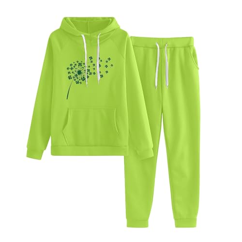 AMhomely St. Patricks Day Outfits 2-teiliges Sweatsuit für Damen, Kleeblatt-Druck, Hoodie, Hose, Anzüge mit Tasche, langärmelig, Jogginganzüge, Kordelzug, lässige Sportbekleidung, Sets mit lockerer von AMhomely