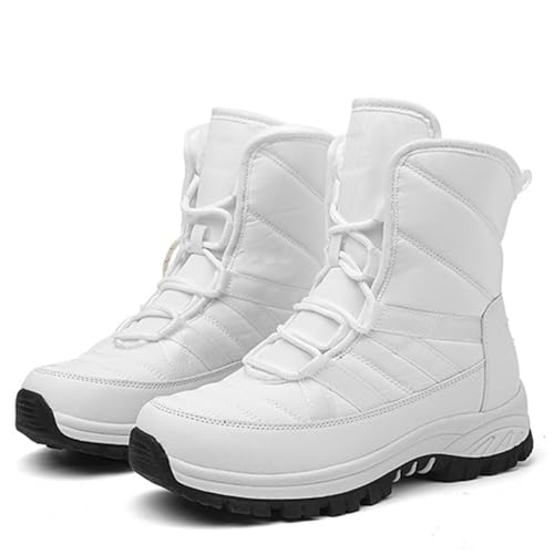 Modische Winterstiefel für Damen, mit Kunstfell gefütterte Stiefel für Damen, Damen-Winterstiefel mit mittlerer Wade, rutschfeste Schnürstiefel für den Außenbereich ( Color : White , Size : 39 EU ) von ANAIUCY