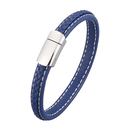 ANAZOZ Armband Damen Leder Blau, Lederarmband Herren Breit 8mm Armbänder mit Verschluss aus Edelstahl 18,5cm von ANAZOZ