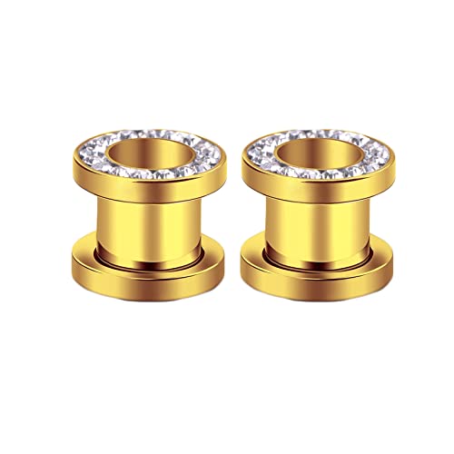 ANAZOZ Ohr Tunnel 2mm, Ohr Plug Herren Edelstahl 2 Stücke Ear Tunnel Expander Ohrpiercing Double Flared Gold Ohr Tunnel Mit Zirkonia von ANAZOZ