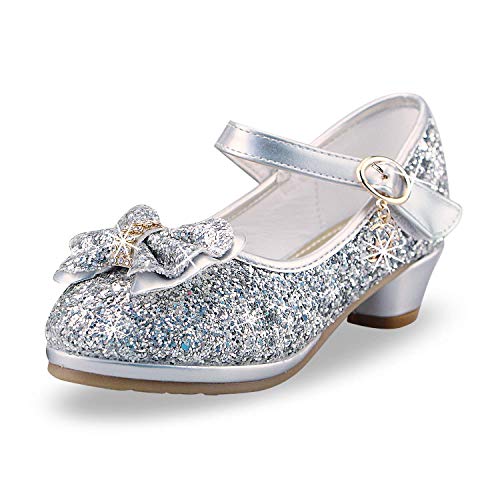 ANBIWANGLUO Prinzessin Schuhe Mädchen High Heels Sandalen Mädchen Pailletten Party Pumps Kinder 25 EU/Etikettengröße 26,Silber von ANBIWANGLUO