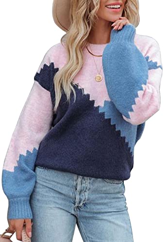 ANCAPELION Damen Casual Sweater Pullover Winter Gemütlich Langarm Rollkragen Pullover Farbblock Strick Pullover Top Loose Fit, C-Block blau, Mittel von ANCAPELION