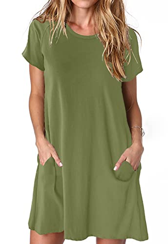 ANCAPELION Damen Kurzarm T-Shirt Kleid Freizeitkleid A-Linie Minikleid Kurz Sommerkleid Lose Tunika Rundhals Langes Shirt Grün M von ANCAPELION