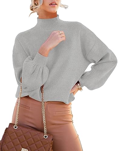 ANCAPELION Damen Strickpullover Rundhals Laterne Ärmel Pulli Casual Mock Rollkragen Pullover Dehnba Drop Shoulder Sweater Tops,099-Plain Grau XL von ANCAPELION