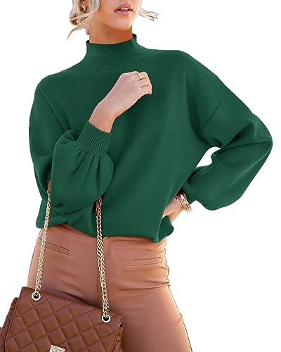 ANCAPELION Damen Strickpullover Rundhals Laterne Ärmel Pulli Casual Mock Rollkragen Pullover Dehnba Drop Shoulder Sweater Tops,099-Plain Grün L von ANCAPELION