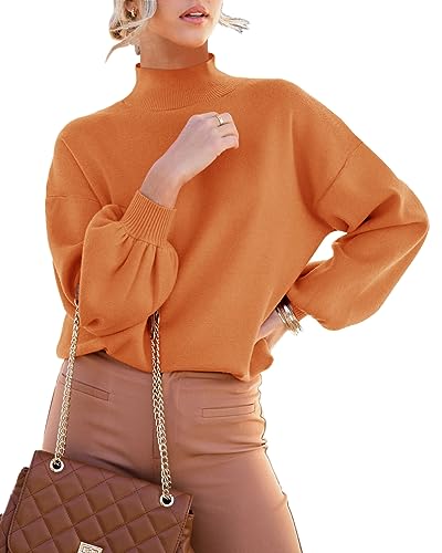 ANCAPELION Damen Strickpullover Rundhals Laterne Ärmel Pulli Casual Mock Rollkragen Pullover Dehnba Drop Shoulder Sweater Tops,099-Plain Orange XL von ANCAPELION