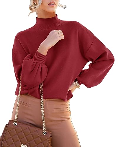 ANCAPELION Damen Strickpullover Rundhals Laterne Ärmel Pulli Casual Mock Rollkragen Pullover Dehnba Drop Shoulder Sweater Tops,099-Plain Rot L von ANCAPELION