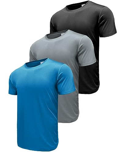 3er Pack Sport Tshirts Herren, Kurzarm Schnelltrocknend Atmungsaktiv Funktionsshirt Laufshirt, Sommer Sport Shirt Männer Sportshirt Fitness Shirt Trainingsshirt Running Shirts Black/Grey/Blue-3PA2-L von ANGEL CITIZ