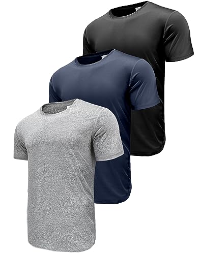 Herren 3er Pack Sport Tshirts Funktionsshirt Laufshirt Kurzarm T-Shirts UPF 50+ Schnelltrocknend Atmungsaktiv Sport Shirt Männer Sportshirt Herren Kurzarm Trainingsshirt Black/Navy/HGrey-3PA3-2XL von ANGEL CITIZ