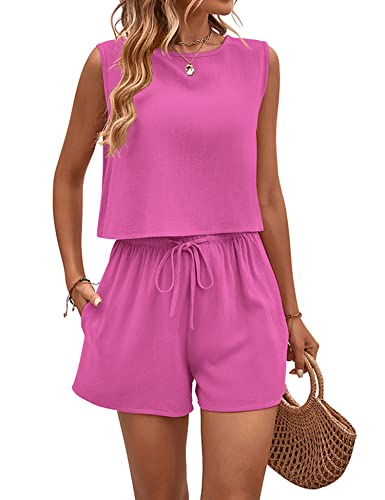 ANGGREK 2-teiliges Outfit für Frauen, ärmelloses Crop-Tanktop und hoch taillierte Shorts mit Taschen, lockeres, lässiges Sommer-Short-Set Hellbraun Outfit-Ideen für den Barbie-Film von ANGGREK