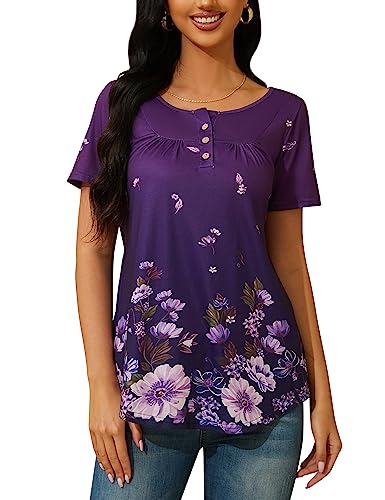 ANGGREK Casual Tunika Damen Kurzarm Blumen Bluse Scoop-Ausschnitt Henley T-Shirt Rüschensaum Falten Top Sommer Frühling，Große lila Blume，2XL von ANGGREK