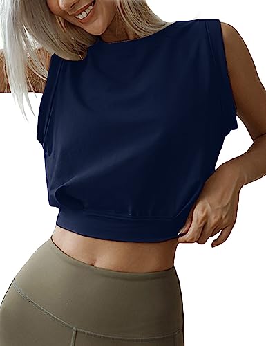ANGGREK Crop Top Athletic Shirts für Frauen Yoga Workout ärmellose Sommertops Y2K Fashion Tank Kleidung (2-Marineblau,Large) von ANGGREK