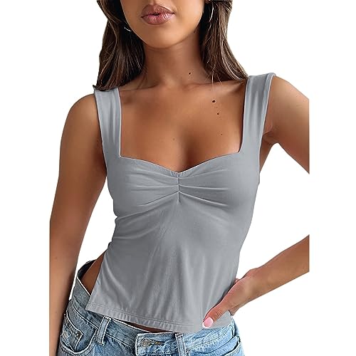 ANGGREK Crop Tops für Frauen Plissee Sweetheart Neck Weste Cami Sexy Riemchen Ärmelloses Tank Top Skinny Slits Bustier grau von ANGGREK