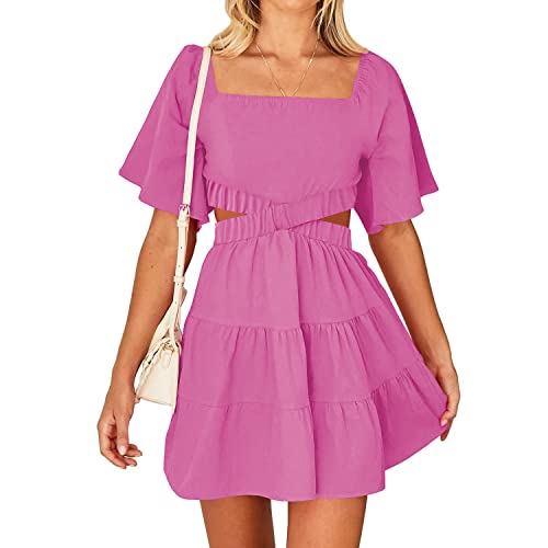 ANGGREK Damen 2023 Sommer-Minikleid mit Ausschnitt, Pink, kurzärmelig, quadratischer Ausschnitt, Crossover-Taillenkleid, Babyparty von ANGGREK