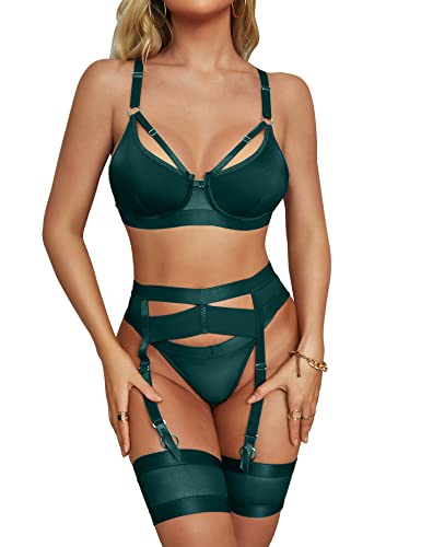 ANGGREK Damen Dessous Set Unterwäsche Frauen,5-teiliges Strumpfband,Bügel BH und Höschen Sets,Ohne Strümpfe,Grün,XL von ANGGREK