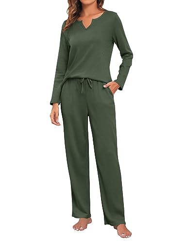 ANGGREK Damen Pyjama Sets Langärm Oberteile und Hosen mit Taschen 2-teilige PJ-Sets für Loungewear Nachtwäsche von ANGGREK