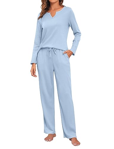 ANGGREK Damen Pyjama Sets Langärm Oberteile und Hosen mit Taschen 2-teilige PJ-Sets für Loungewear Nachtwäsche von ANGGREK