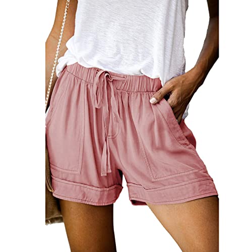 ANGGREK Damen-Shorts mit elastischem Bund und Kordelzug, Sommer-Strand-Shorts, Bequeme Kurze Hose mit Rüschensaum und Taschen(1-Rosa,XX-Large) von ANGGREK