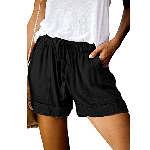 ANGGREK Damen-Shorts mit elastischem Bund und Kordelzug, Sommer-Strand-Shorts, Bequeme Kurze Hose mit Rüschensaum und Taschen(1-Schwarz,Medium) von ANGGREK