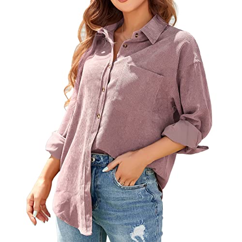 ANGGREK Frauen Button Down Langarm V-Ausschitt Bluse Shirts mit Taschen Cord Hemd Jacke Bluse Oberteil Leicht Cordjacke Hemdjacke,Rosa,XXL von ANGGREK