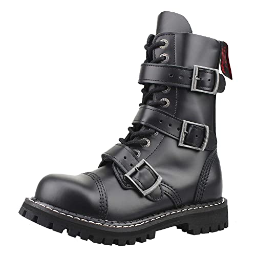 ANGRY ITCH - 10-Loch 3-Buckle Stiefel - Leder Schwarz - Größe 43 von ANGRY ITCH