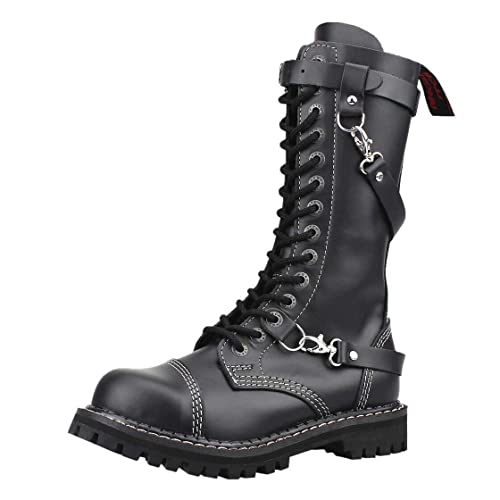 Angry Itch Kampfstiefel Unisex Herren Damen Schwarz Leder 14 Löcher 3 Riemen Army Militärstiefel Punk Stahlkappe von Angry Itch