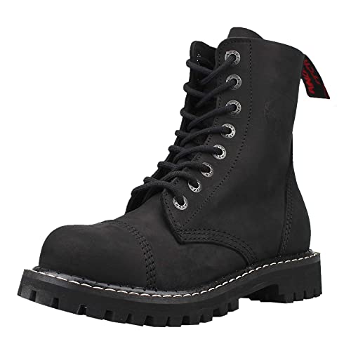 Angry Itch - 8-Loch Gothic Punk Army Ranger Armee Vintage Leder Schwarz Stiefel mit Stahlkappe 36-48 - Made in EU!, Schwarz, 44 EU von ANGRY ITCH