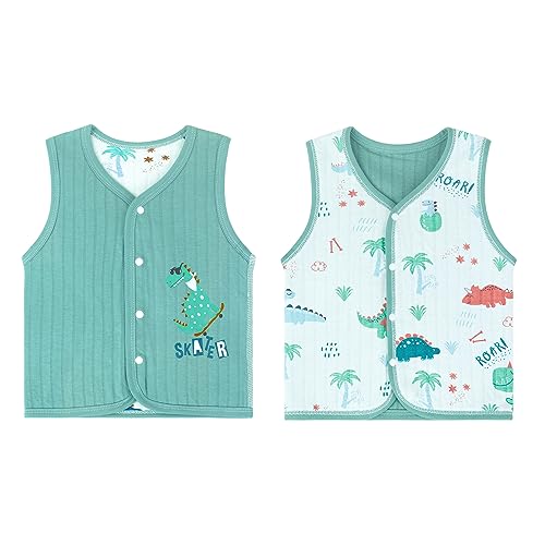 ANIMQUE Baby Kleinkind Westen Doppelseitig Ärmellose Kinderweste Baumwoll Kinder Jacke Frühling Herbst Strickjacke Oberteil mit Druckknopf, Dinosaurier Grün 73 von ANIMQUE