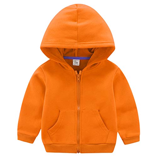 ANIMQUE Kinder Unisex Sweatjacke Einfarbig Thermal Fleece Gefüttert Zip Hoodie Kapuzenpullover Winter, Orange 130 von ANIMQUE