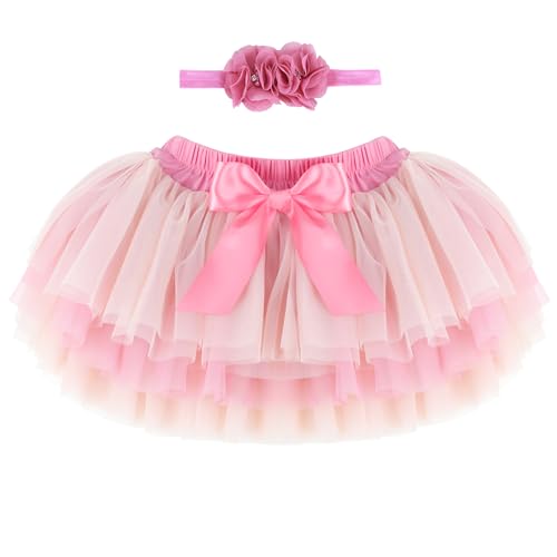 Baby Kleinkind Mädchen Tutu Rock Prinzessin Rock Mini Tiered Super Soft Tüllrock 2-3 Jahre Kinder Elastische Taille Ballett Tanzrock mit Windelüberzug + Stirnband, Pfirsich Rosa XL von ANIMQUE