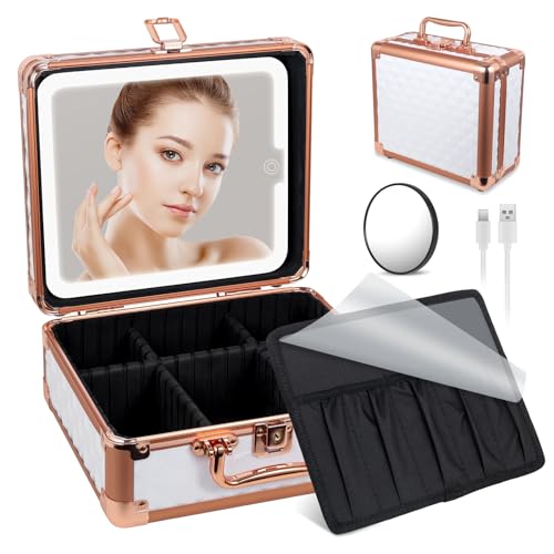 ANJIEXNEON Reise-Make-up-Koffer mit beleuchtetem Spiegel, tragbarer Zugkoffer, USB-Lade-Organizer, Make-up-Box für Mädchen, Make-up-Künstler, Make-up-Tools, Friseur-Make-up-Koffer, Weiß, Silber und von ANJIEXNEON