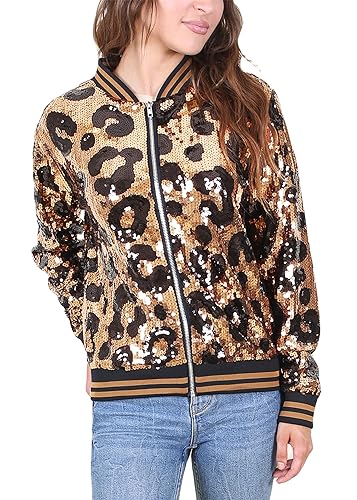 ANNA-KACI Damen Pailletten Rib Rop Langarm Reißverschluss Bomberjacke Jacke, Leopard, Small von ANNA-KACI