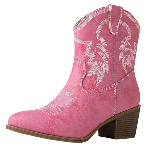 ANUFER Damen Mittlere Wade Cowboystiefel Gestickt Blockferse Seitlicher Reißverschluss Westernschuhe SN079163D Rosa EU39 von ANUFER